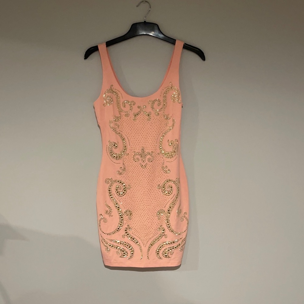 Bebe gold embellished light pink mini dress